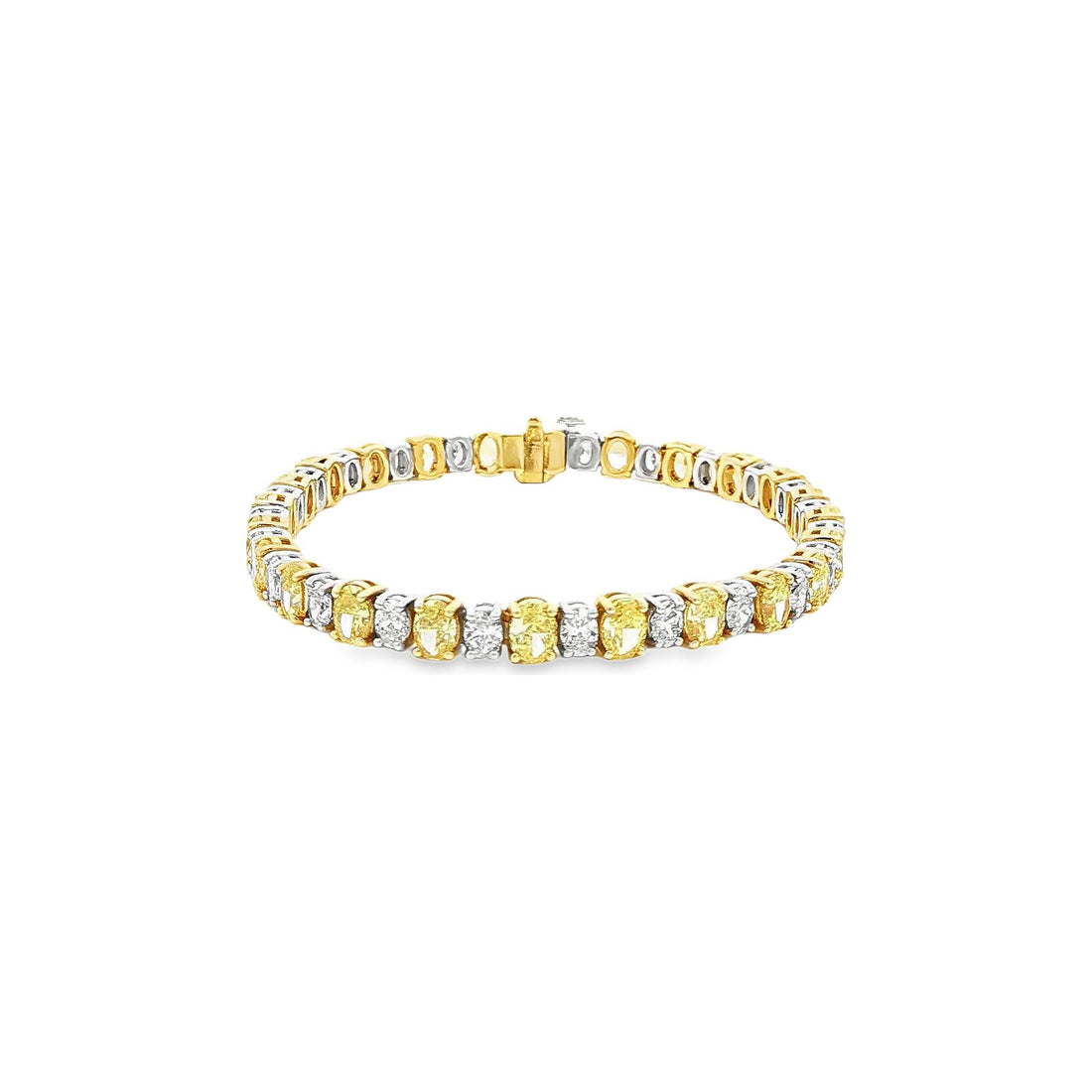 11.30 CT. Fancy Yellow and White Oval Diamond Tennis Bracelet in 18K Two Tone Gold view 2