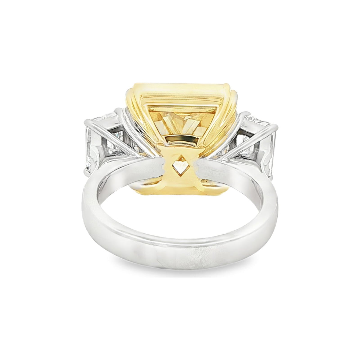 15.37 CT. Radiant Cut Fancy Light Yellow Diamond Three Stone Ring in 18K Yellow Gold and Platinum view 5