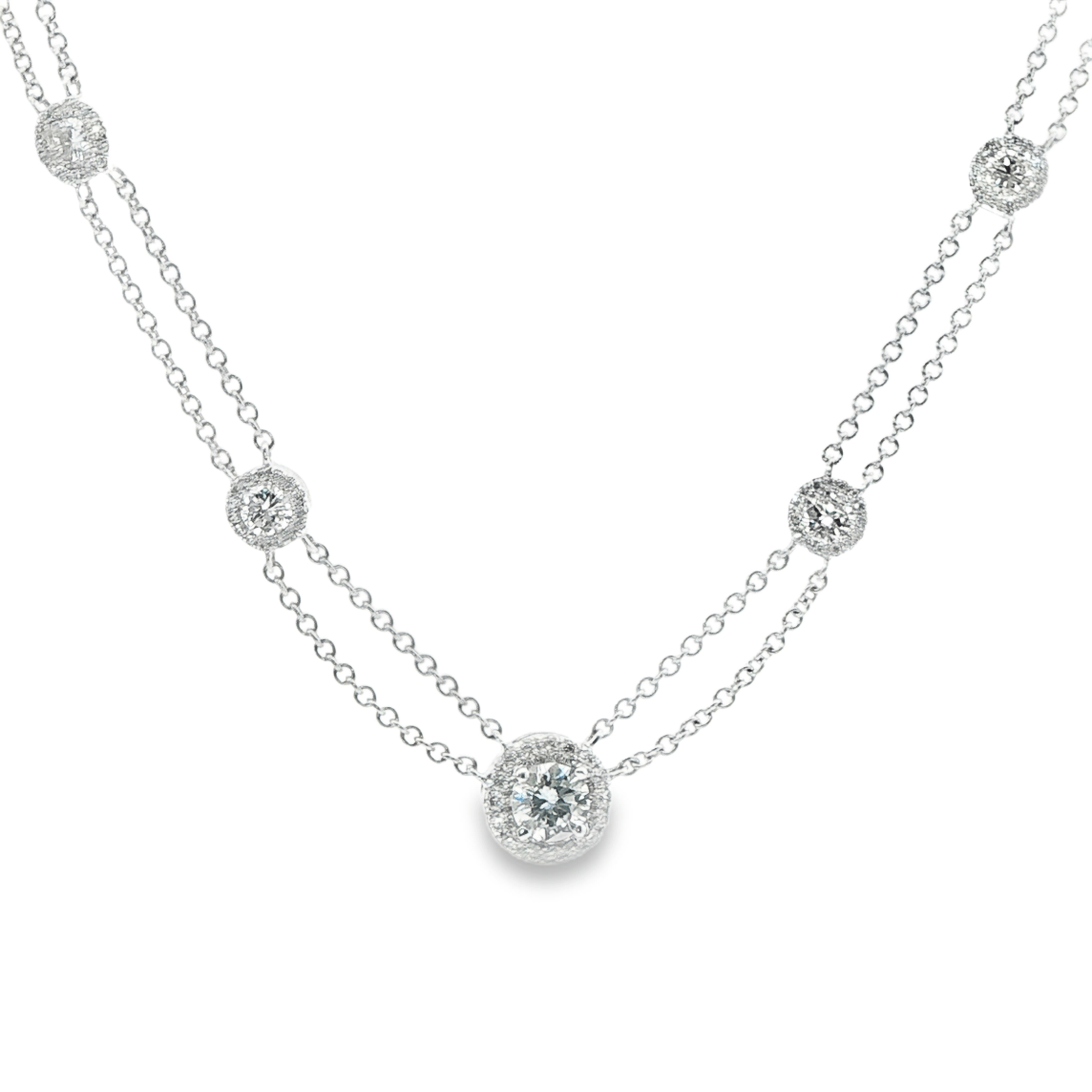 Round Brilliant Diamond Halo Necklaced in 14K White Gold - Lariat Necklace