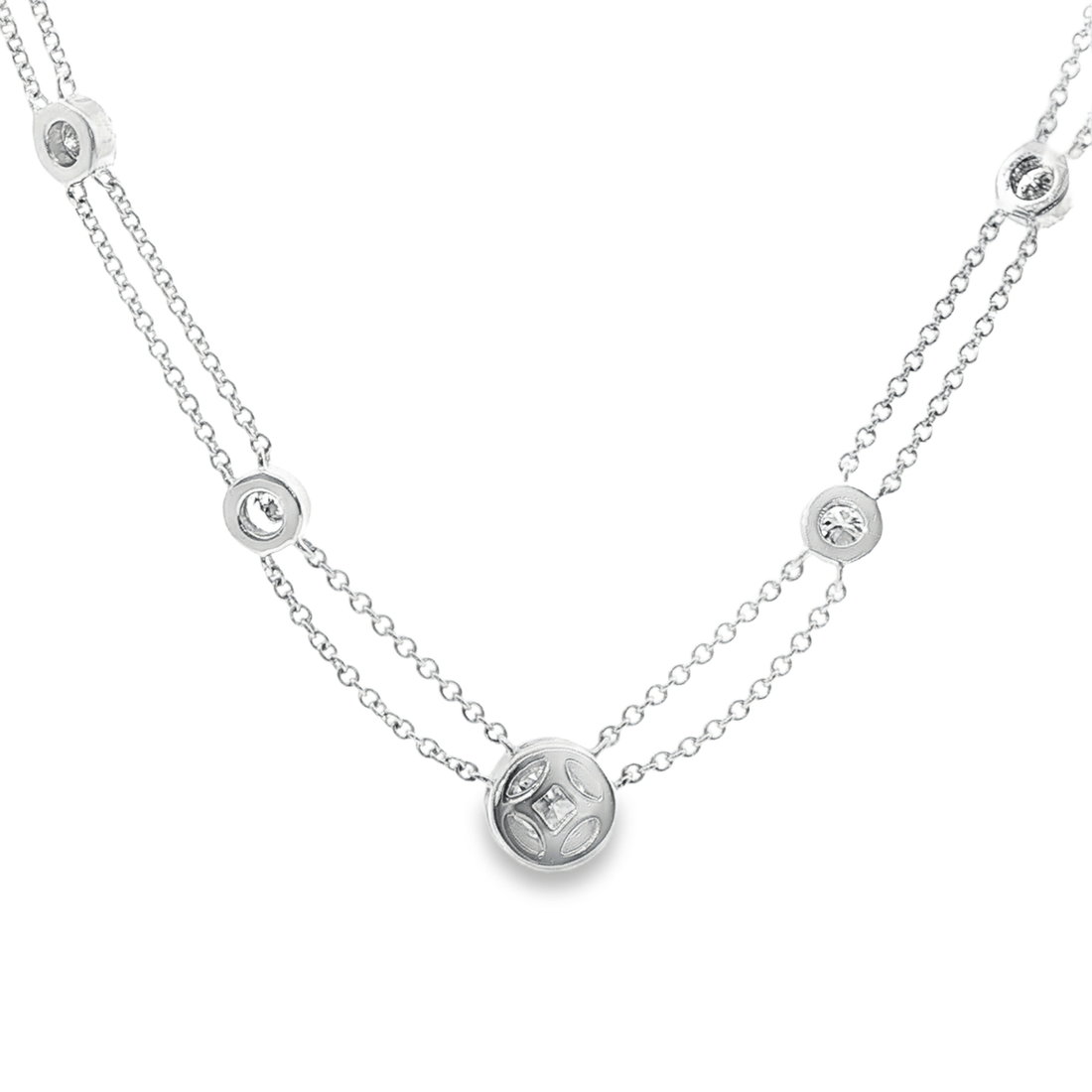 Round Brilliant Diamond Halo Necklaced in 14K White Gold - Lariat Necklace