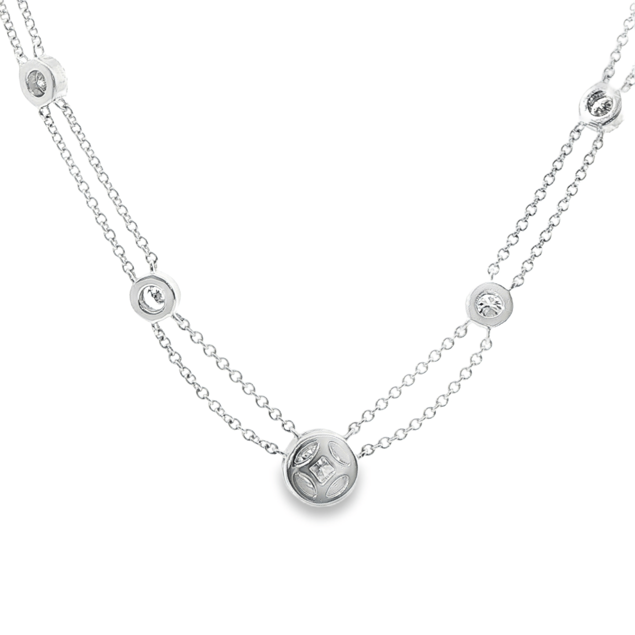 Round Brilliant Diamond Halo Necklaced in 14K White Gold - Lariat Necklace