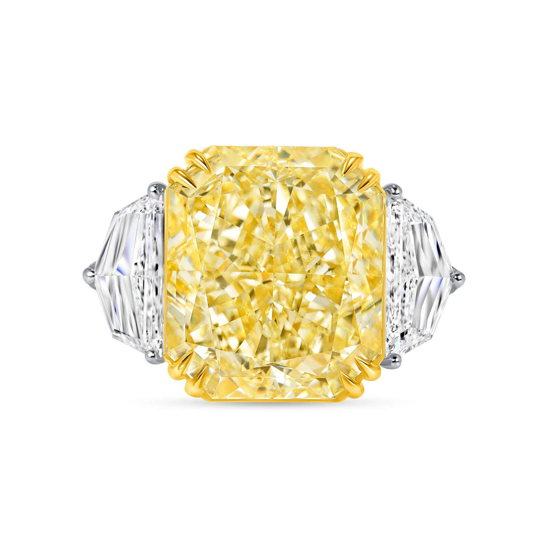 6.04 CT. Radiant Cut Yellow Diamond with two diamond Accents Ring in 18K Yellow Gold and Platinum - RING
