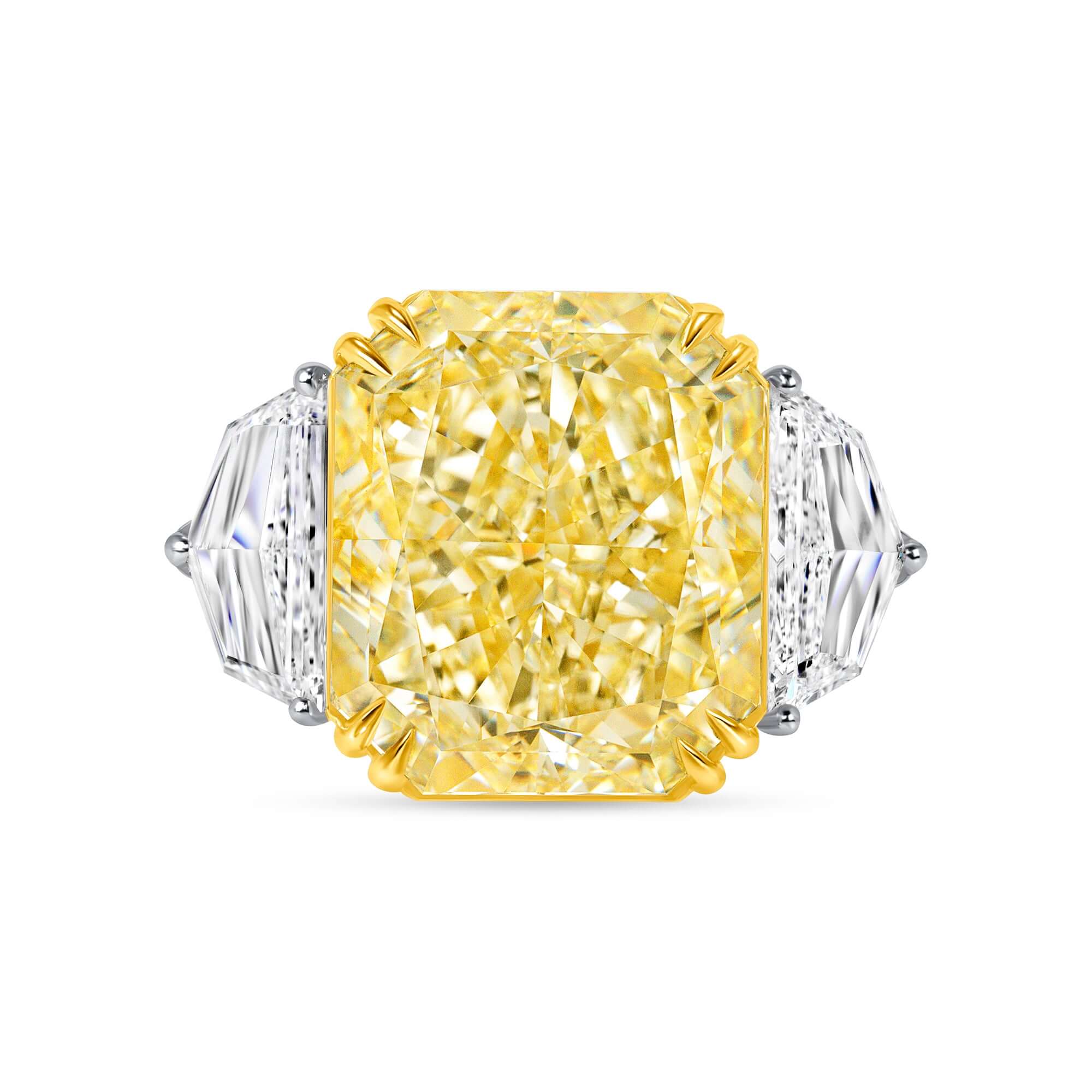 6.04 CT. Radiant Cut Yellow Diamond with two diamond Accents Ring in 18K Yellow Gold and Platinum - RING