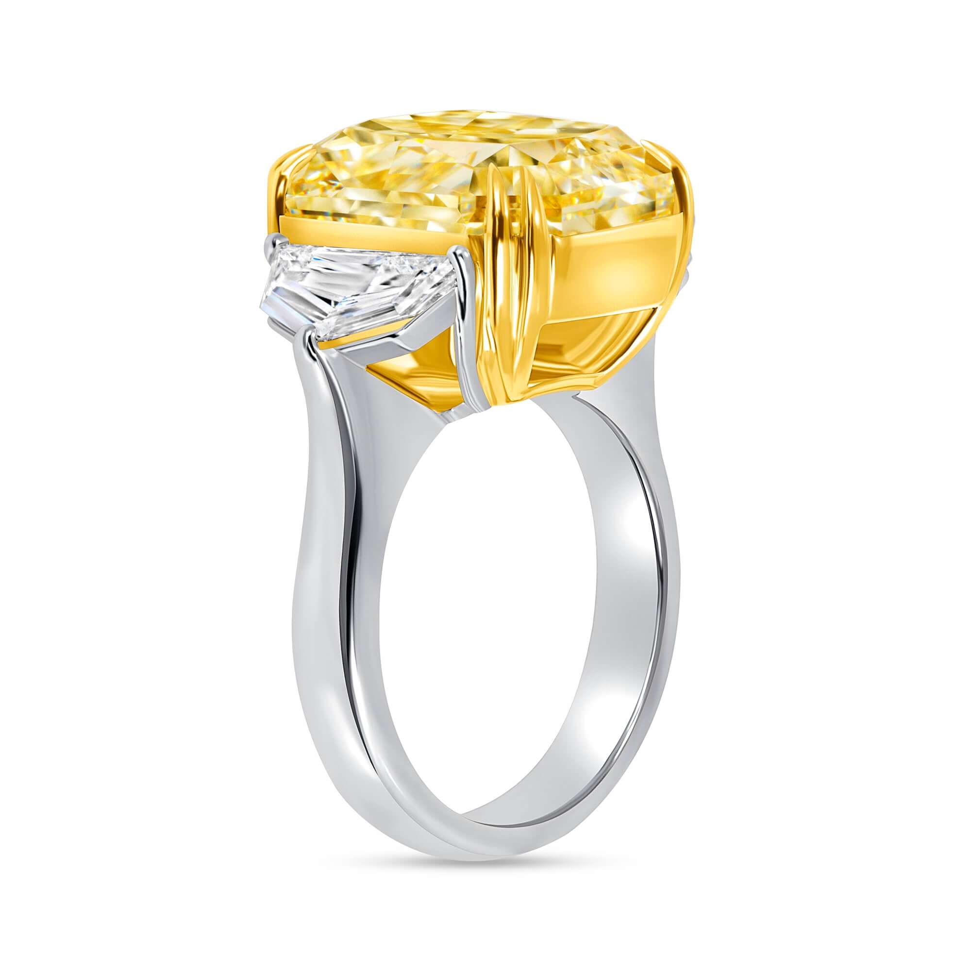 6.04 CT. Radiant Cut Yellow Diamond with two diamond Accents Ring in 18K Yellow Gold and Platinum - RING