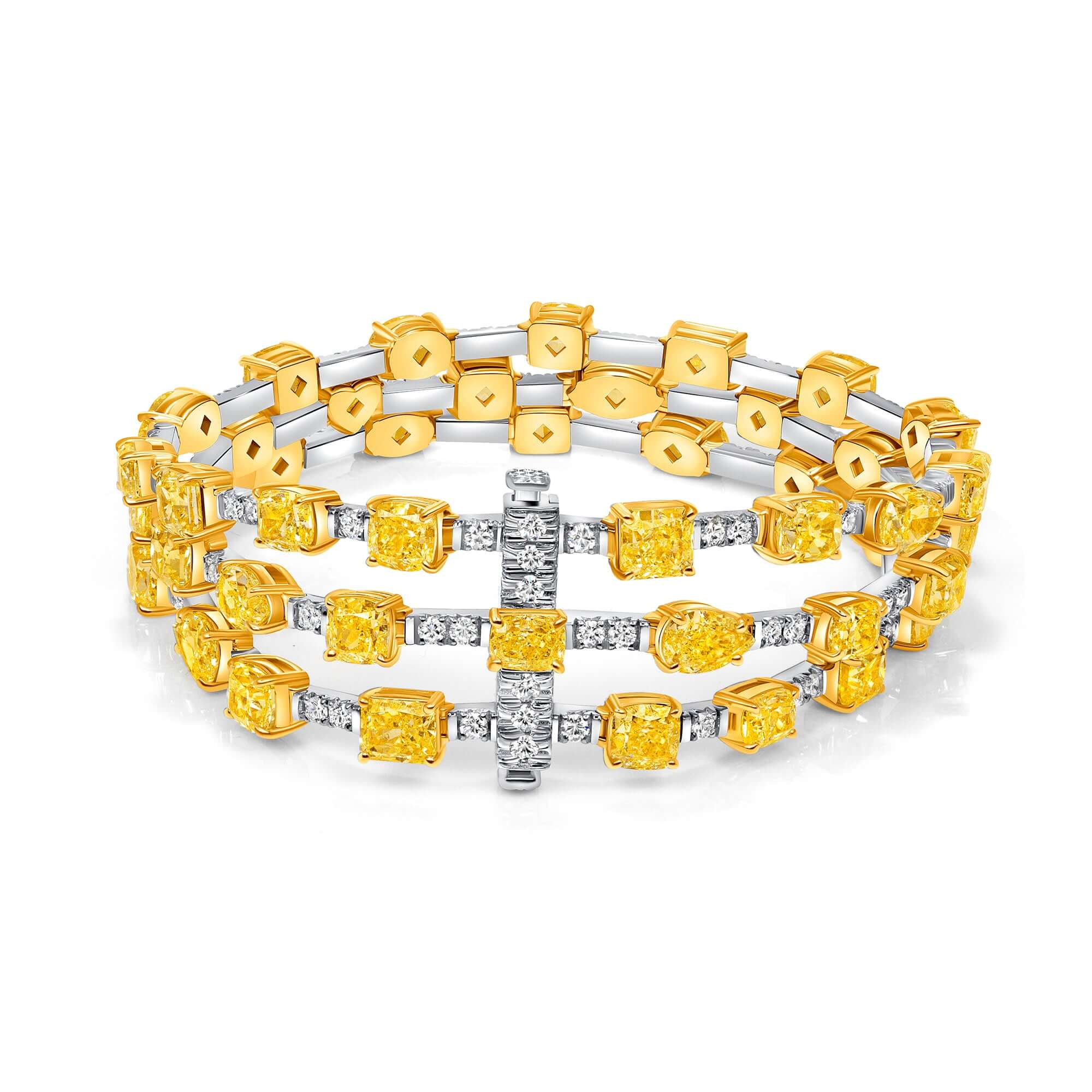 31.17 CT. Fancy Yellow Diamond and Round Brilliant Diamond Three-Row Bracelet in 14K Gold - BRACELET