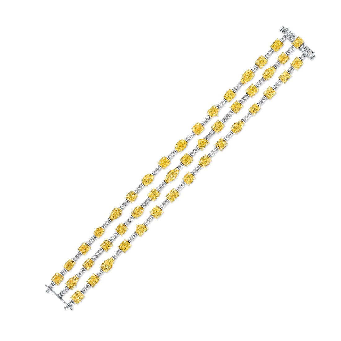 31.17 CT. Fancy Yellow Diamond and Round Brilliant Diamond Three-Row Bracelet in 14K Gold - BRACELET