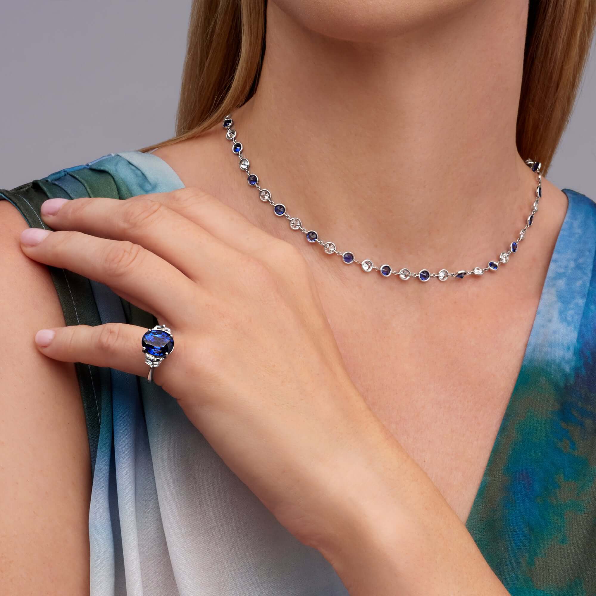 12.9 CT. Alternating Round Brilliant Diamond and Blue Sapphire Bezel Set Necklace in 14K White Gold - Station Necklace