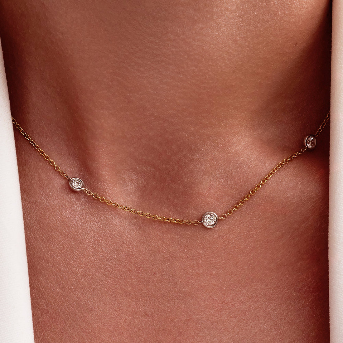 2.43 CT. Round Brilliant Diamond Bezel Set Necklace in 14K White Gold and Rose Gold - worn on model
