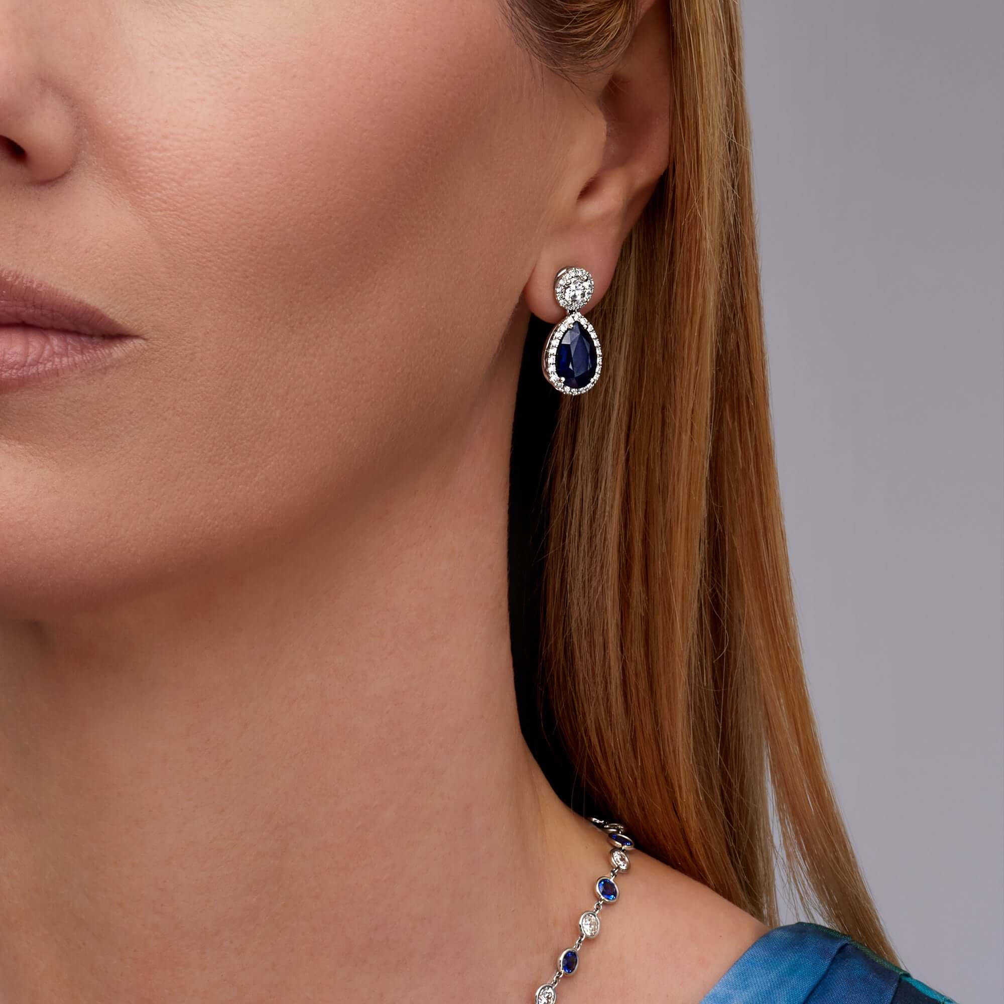 8.97 CT. Halo Pear Cut Blue Sapphire and Round Brilliant Diamond Drop Earrings in Platinum - Teardrop Earring