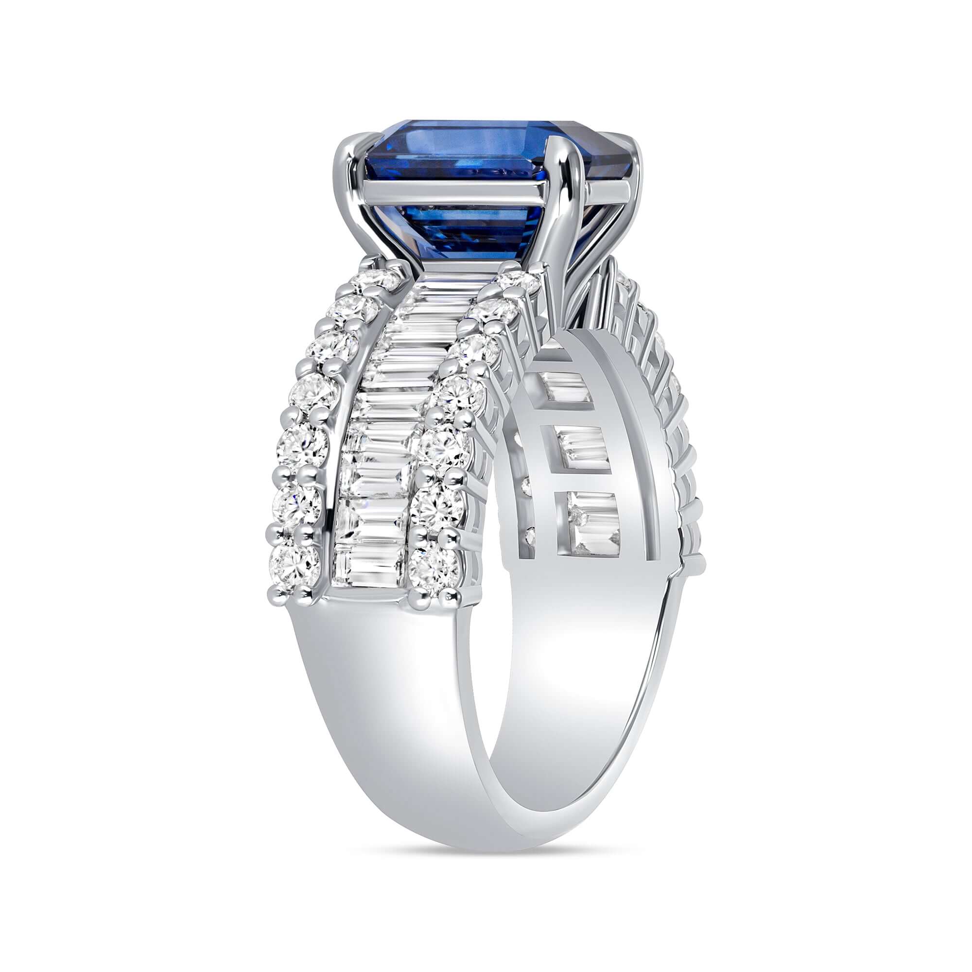 3.23 CT. Emerald Cut Blue Sapphire and Diamond Cocktail Ring in Platinum - RING