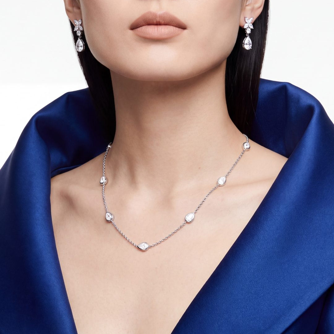 3.42 CT. Pear Cut Diamond Bezel Set Necklace in 14K White Gold on model - Edward&