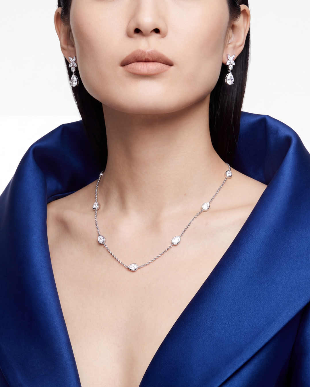 3.42 CT. Pear Cut Diamond Bezel Set Necklace in 14K White Gold on model - Edward&