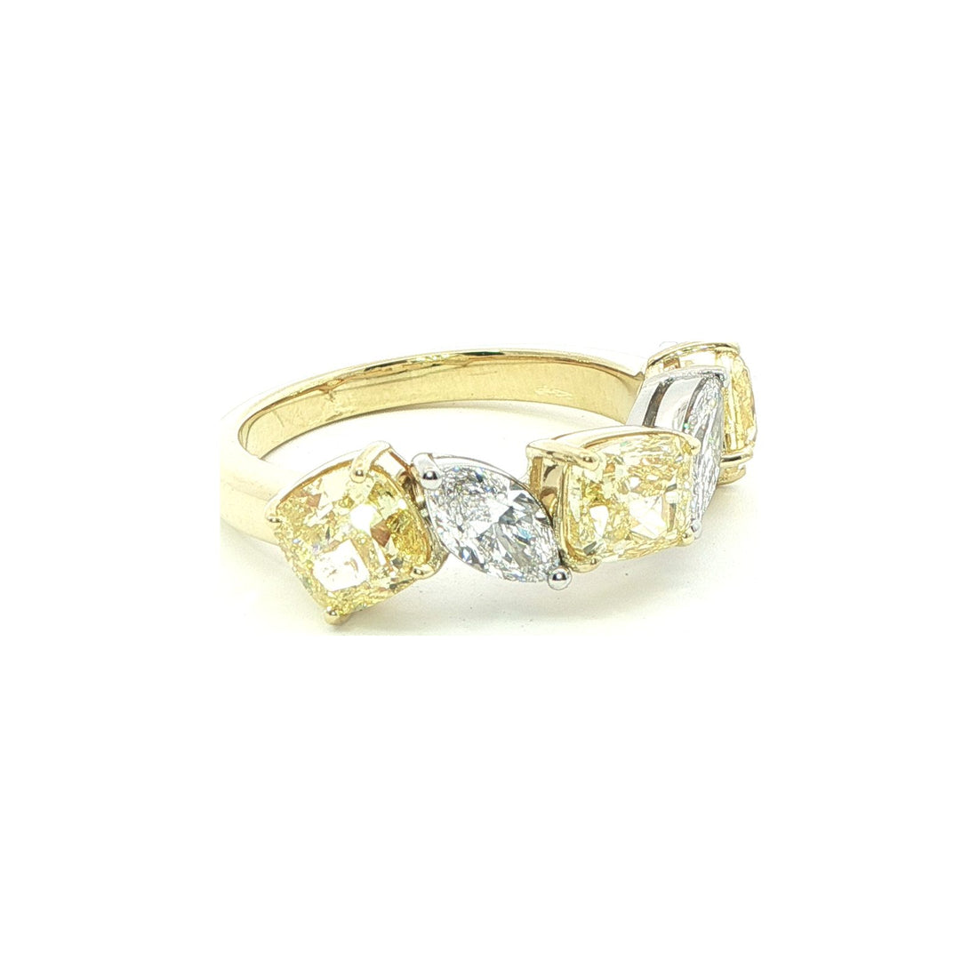 3.56 CT. Cushion Cut Fancy Yellow Diamond and Marquise Diamond Five Stone Ring in 18K Yellow Gold and Platinum view 2