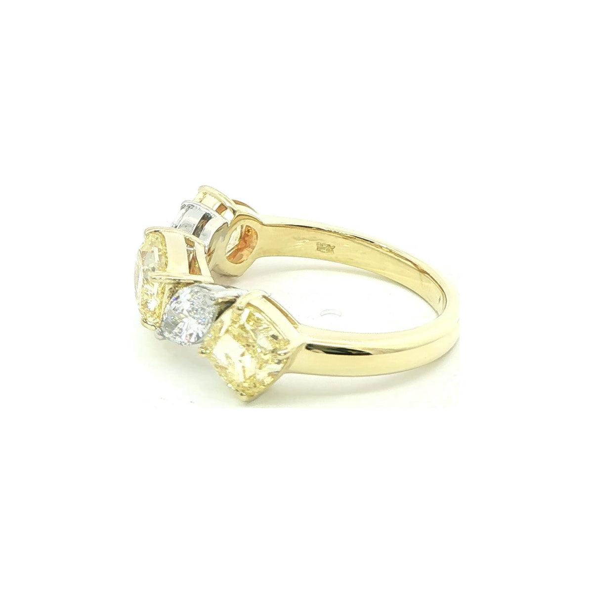 3.56 CT. Cushion Cut Fancy Yellow Diamond and Marquise Diamond Five Stone Ring in 18K Yellow Gold and Platinum view 6