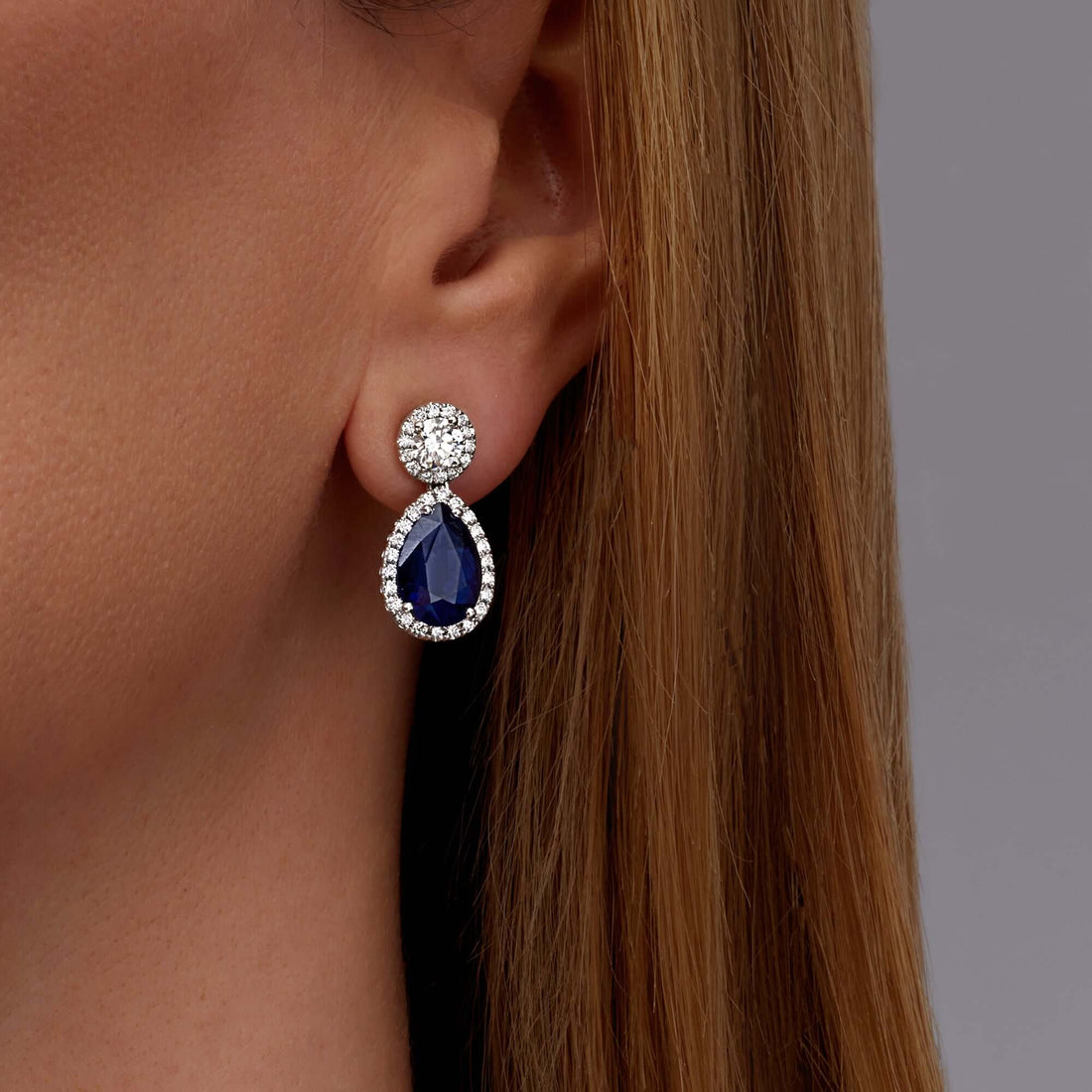 8.97 CT. Halo Pear Cut Blue Sapphire and Round Brilliant Diamond Drop Earrings in Platinum - Teardrop Earring