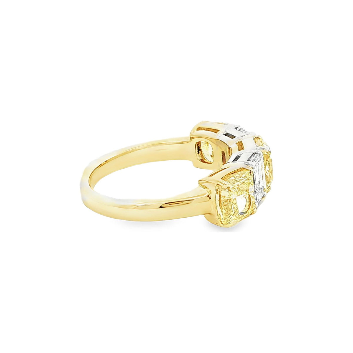 4.05 CT. Cushion Cut Fancy Yellow Diamond and Emerald Cut Diamond Five Stone Ring in 18K Yellow Gold and Platinum view 4