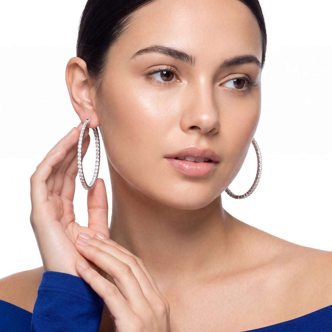 4.34 CT. Round Brilliant Diamond Inside-Out Hoop Earrings in 14K White Gold on model - Edward&