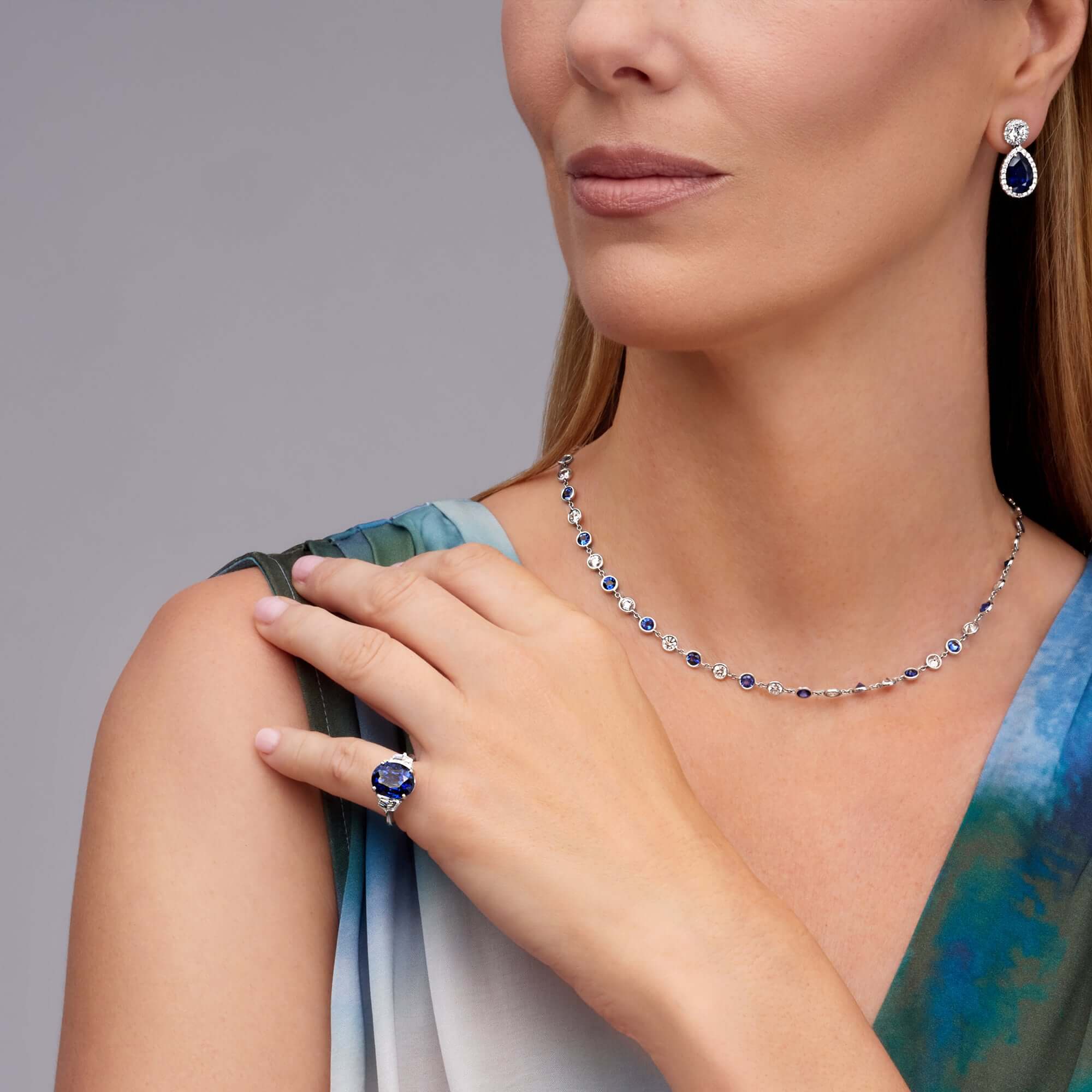 12.9 CT. Alternating Round Brilliant Diamond and Blue Sapphire Bezel Set Necklace in 14K White Gold - Station Necklace