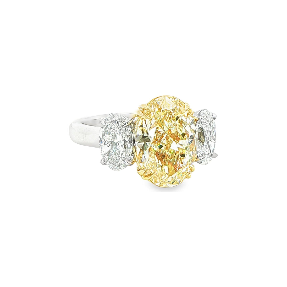 5.47 CT. Oval Cut WX Yellow Diamond and Oval Diamond Three Stone Ring in 18K Yellow Gold and Platinum view 2