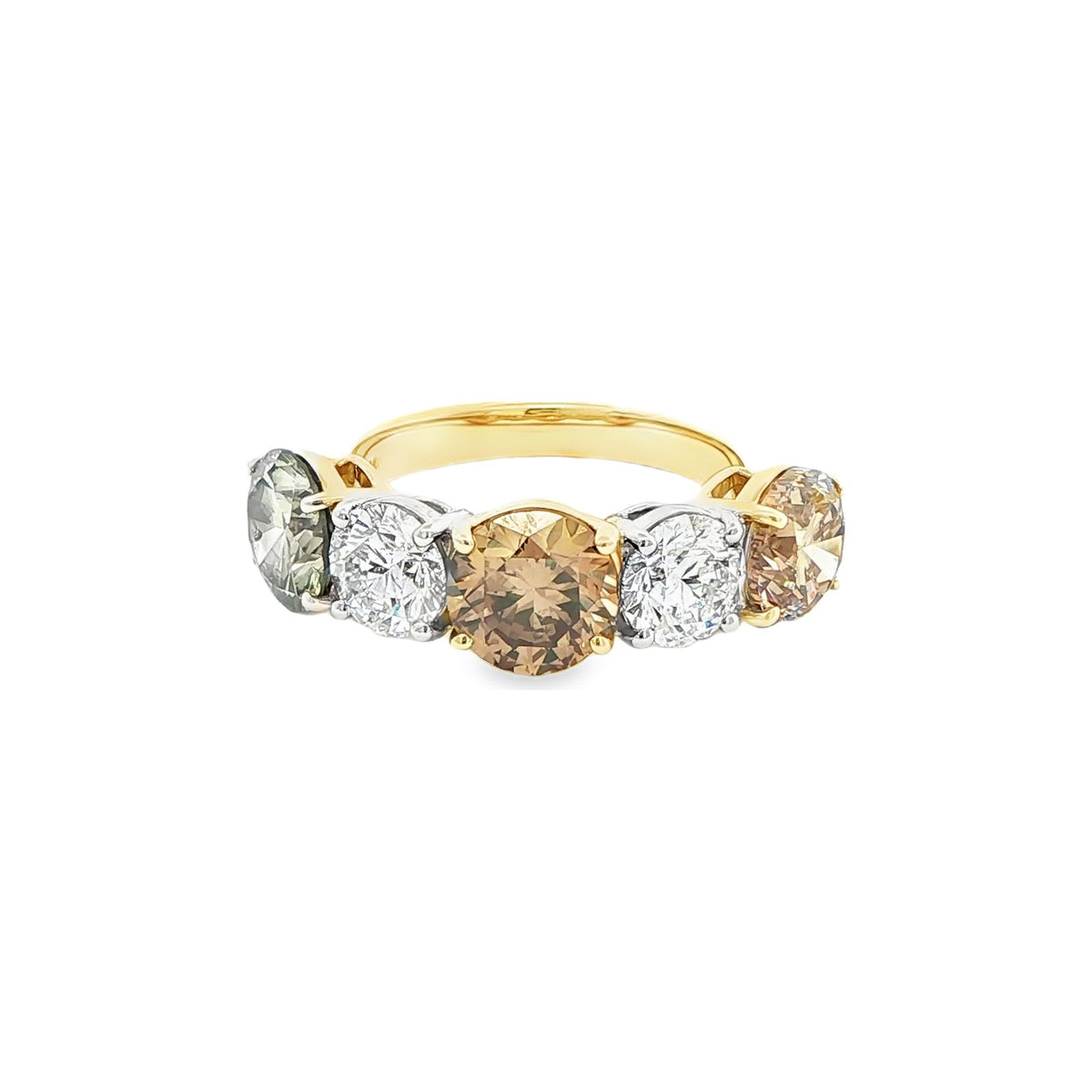 5.53 CT. Natural Brown Round Brilliant Diamond and Round Brilliant Diamond Five Stone Ring in 18K Yellow Gold and Platinum