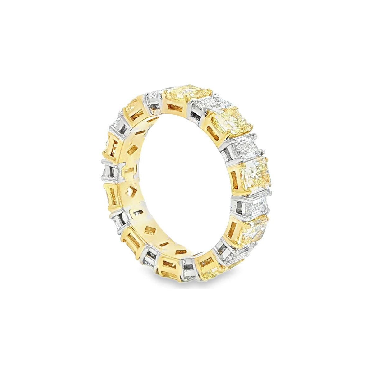 5.77 CT. Alternating Radiant Cut Fancy Yellow Diamond and Emerald Cut Diamond Eternity Band in 18K Yellow Gold and Platinum view 5