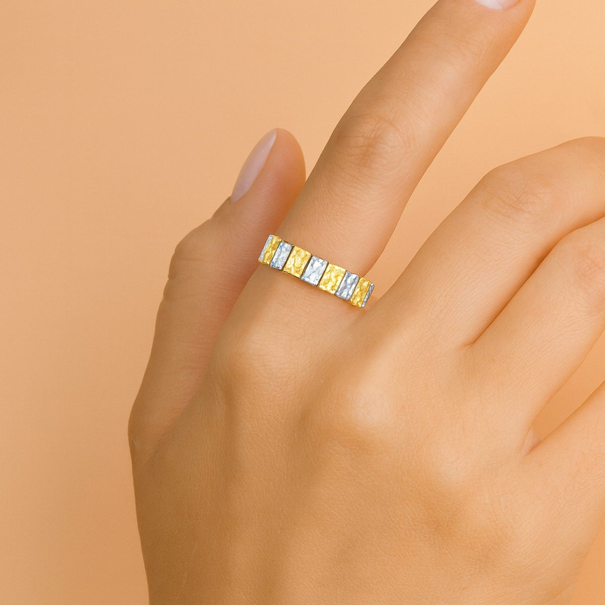 5.77 CT. Alternating Radiant Cut Fancy Yellow Diamond and Emerald Cut Diamond Eternity Band in 18K Yellow Gold and Platinum styled view
