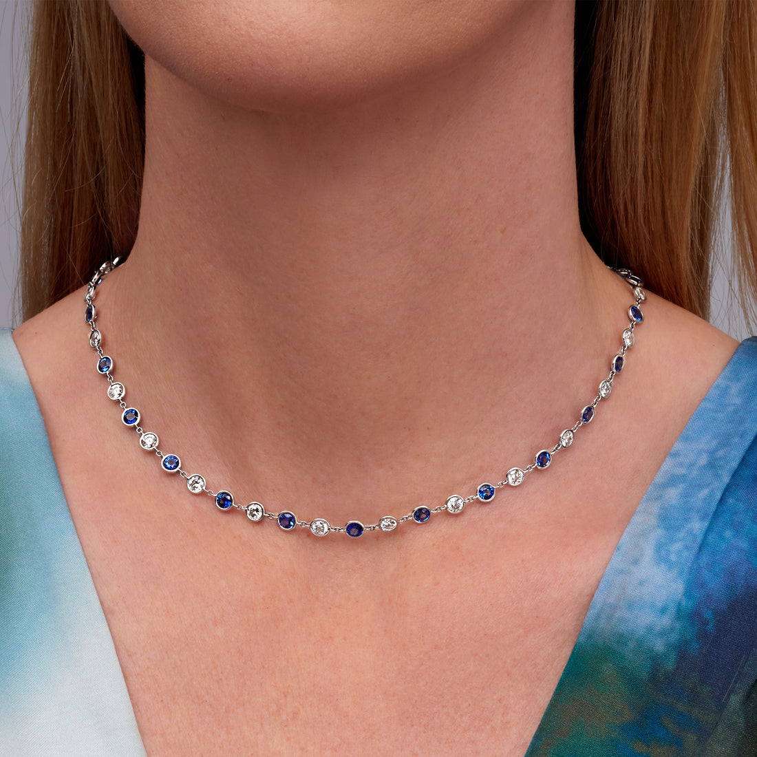 12.9 CT. Alternating Round Brilliant Diamond and Blue Sapphire Bezel Set Necklace in 14K White Gold