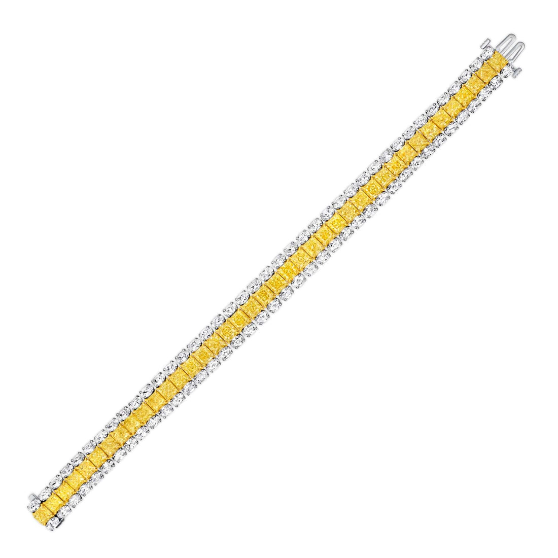 30.46 CT. Radiant and Oval Cut Fancy Yellow Three-Row Diamond Tennis Bracelet - Tennis Bracelet