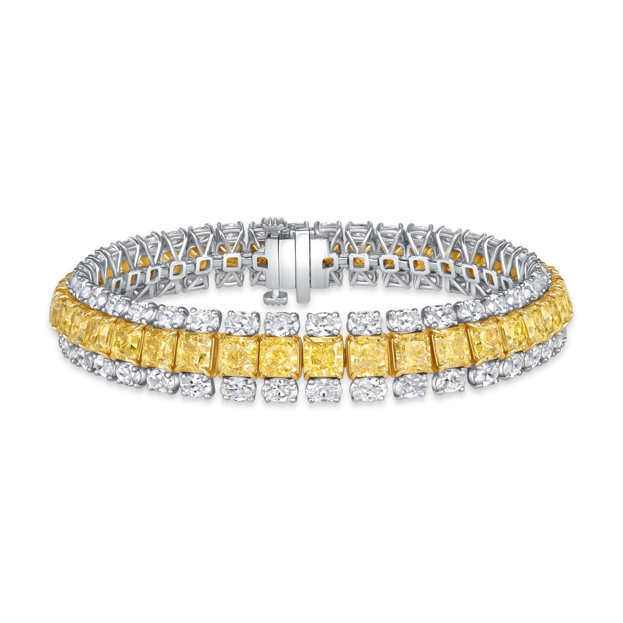 30.46 CT. Radiant and Oval Cut Fancy Yellow Three-Row Diamond Tennis Bracelet - Tennis Bracelet