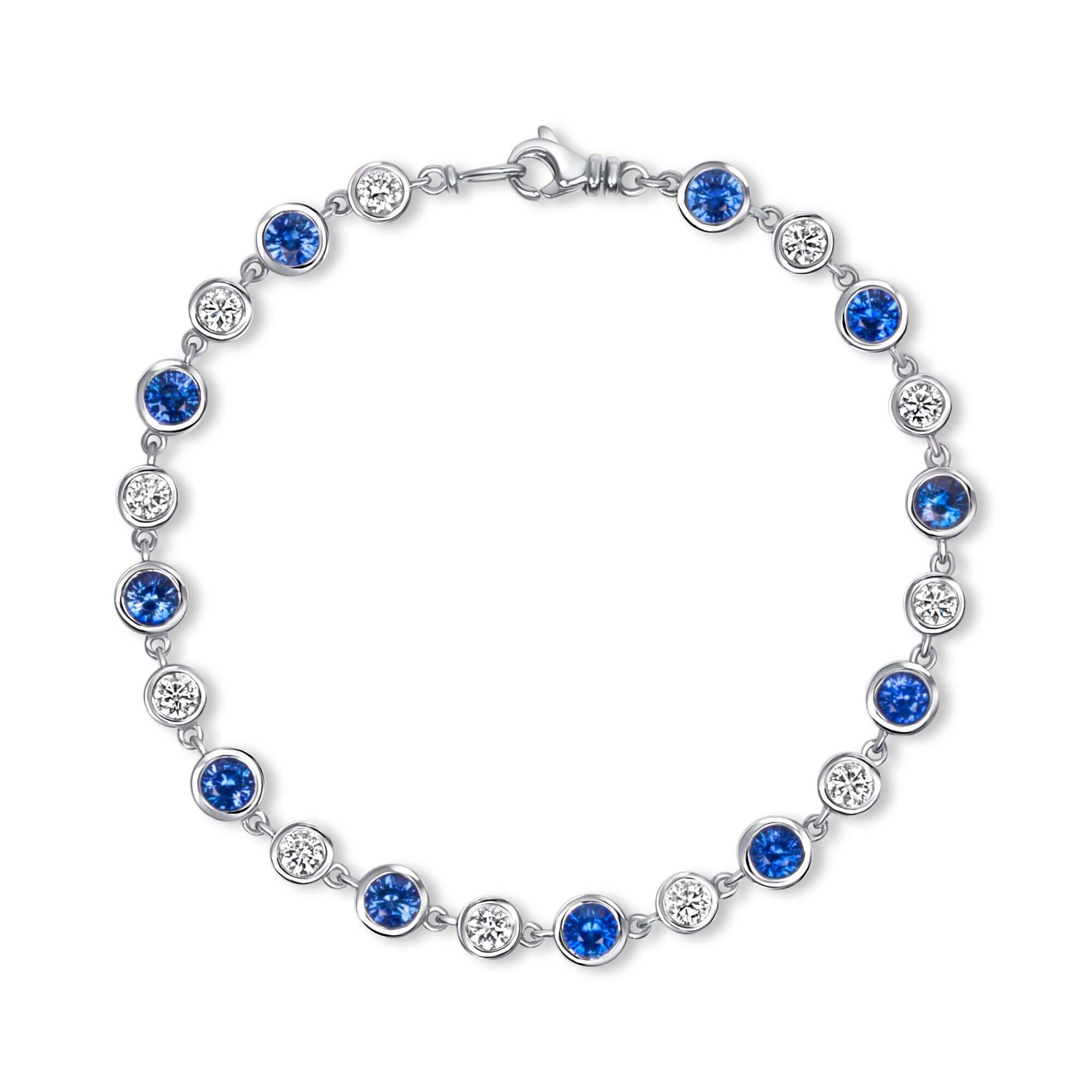 4.92 CT. Alternating Round Brilliant Blue Sapphire and Diamond Clasp Bracelet in Bezel Setting - Clasp Bracelet