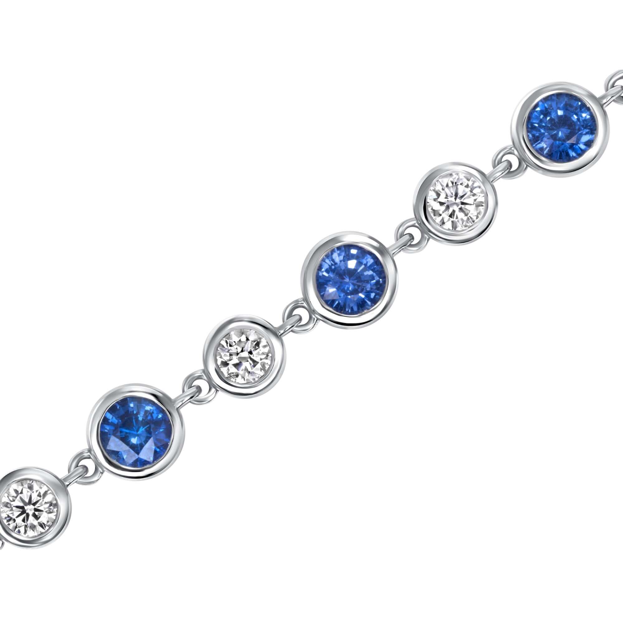 4.92 CT. Alternating Round Brilliant Blue Sapphire and Diamond Clasp Bracelet in Bezel Setting - Clasp Bracelet