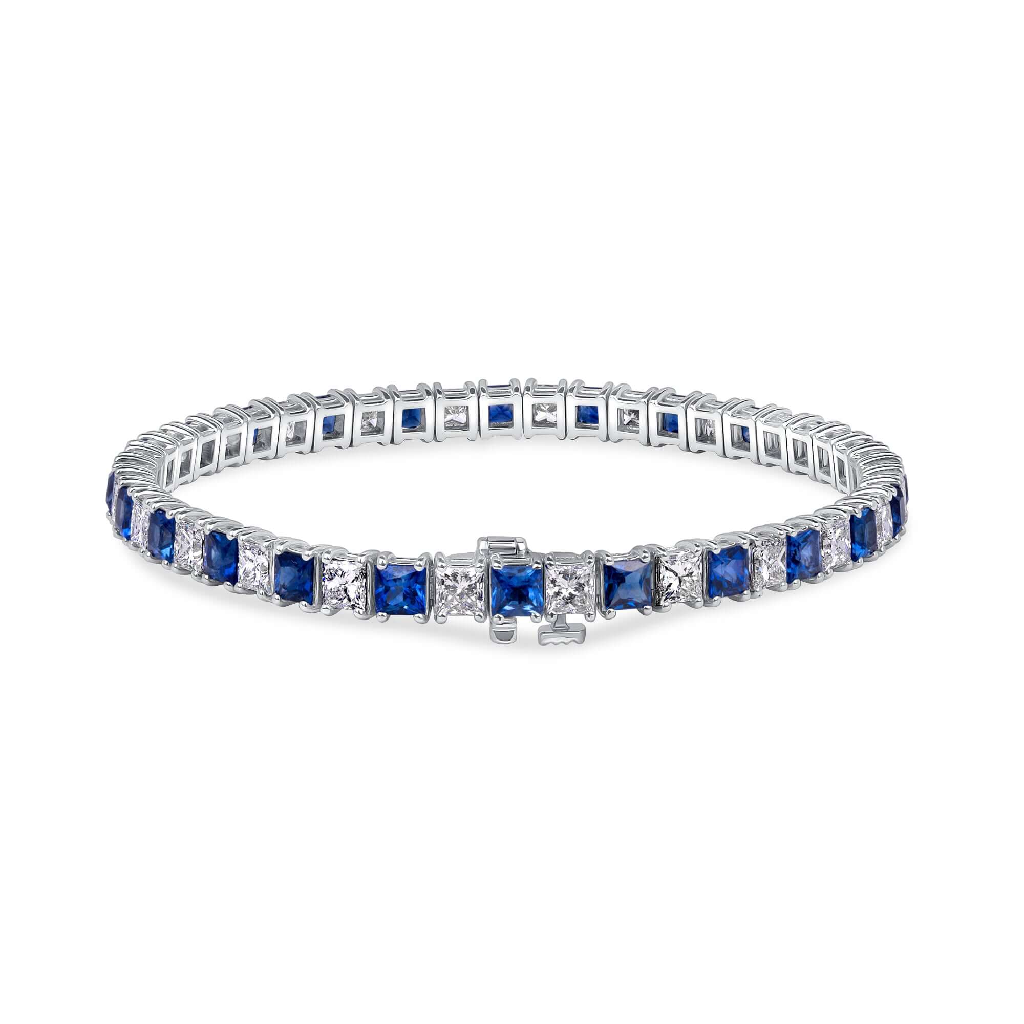 11.26 CT. Alternating Princess Cut Blue Sapphire and Diamond Tennis Bracelet in 14K White Gold - Tennis Bracelet