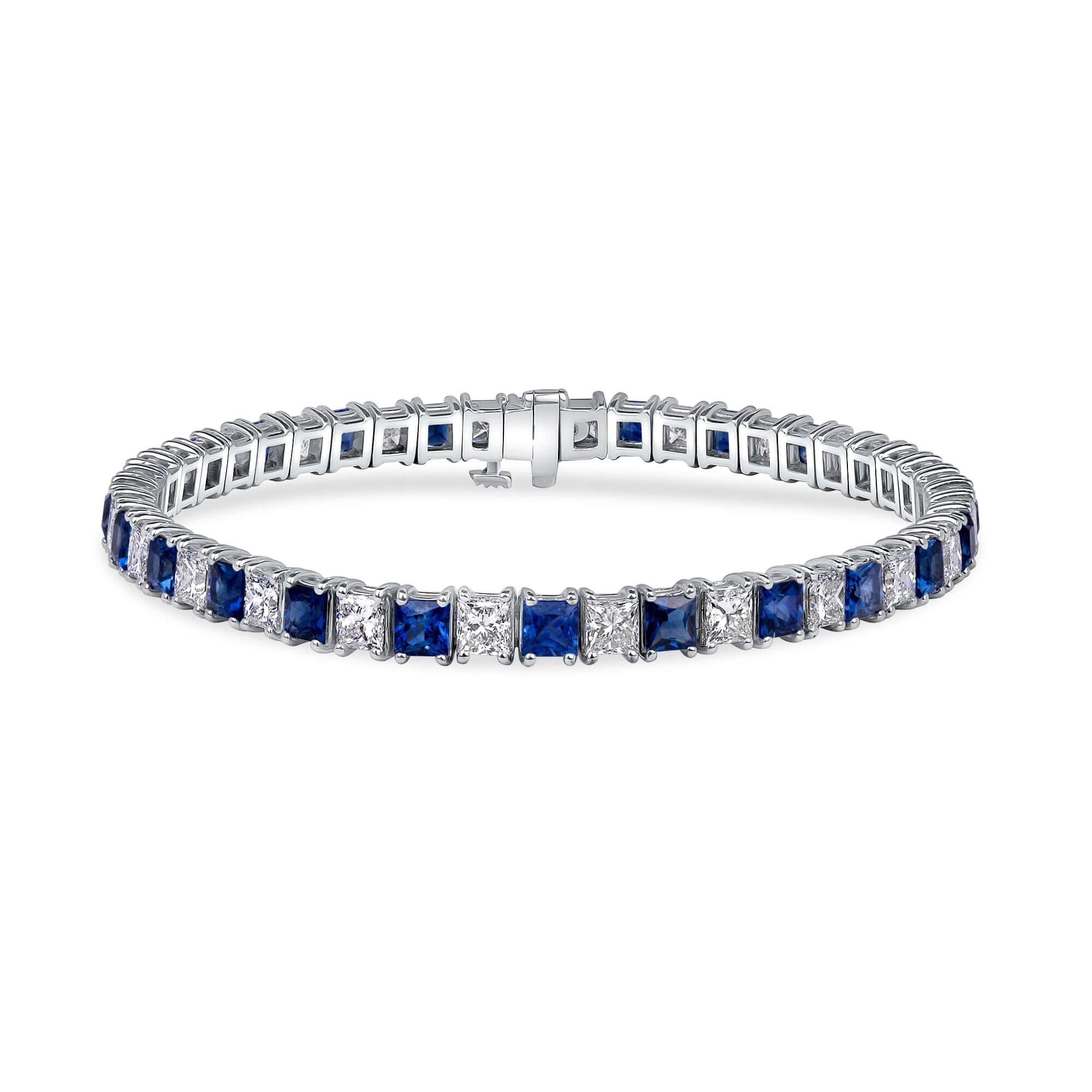 11.26 CT. Alternating Princess Cut Blue Sapphire and Diamond Tennis Bracelet in 14K White Gold - Tennis Bracelet