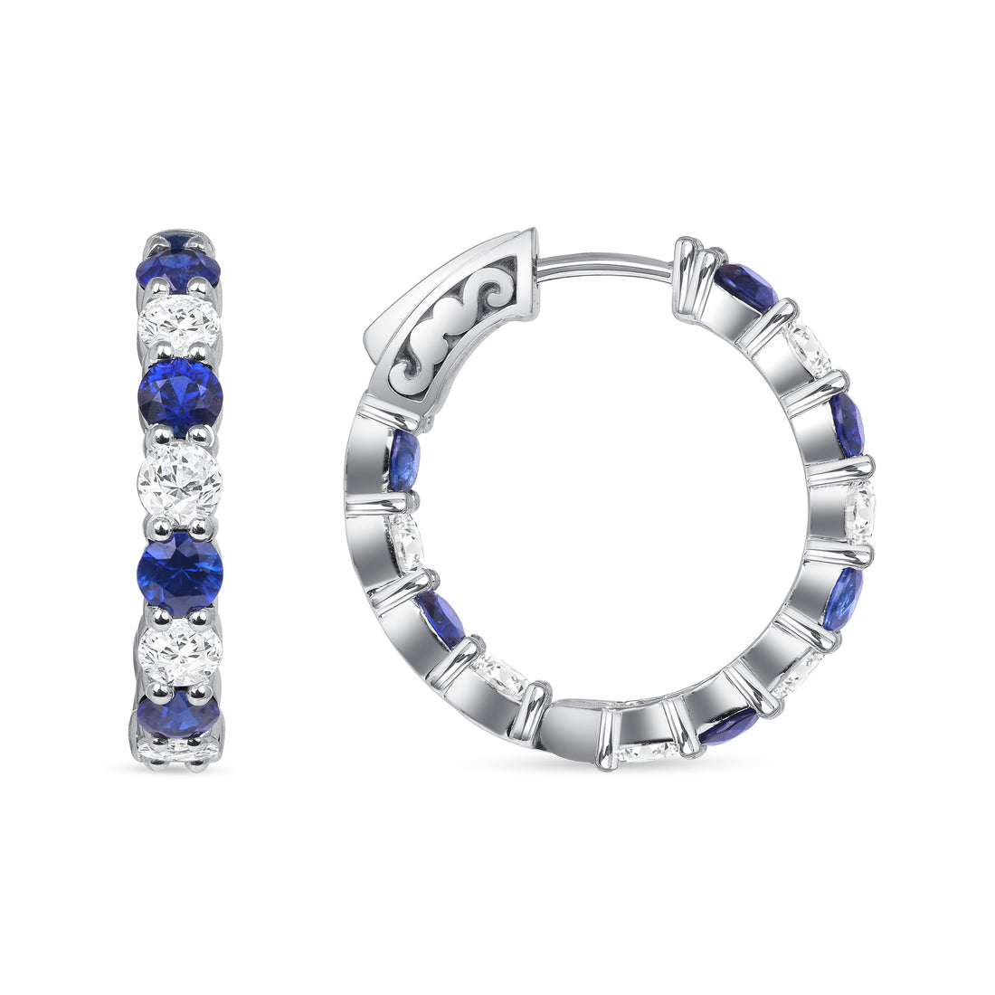3.9 CT. Alternating Round Brilliant Blue Sapphire and Diamond Hoop Earrings in 14k White Gold