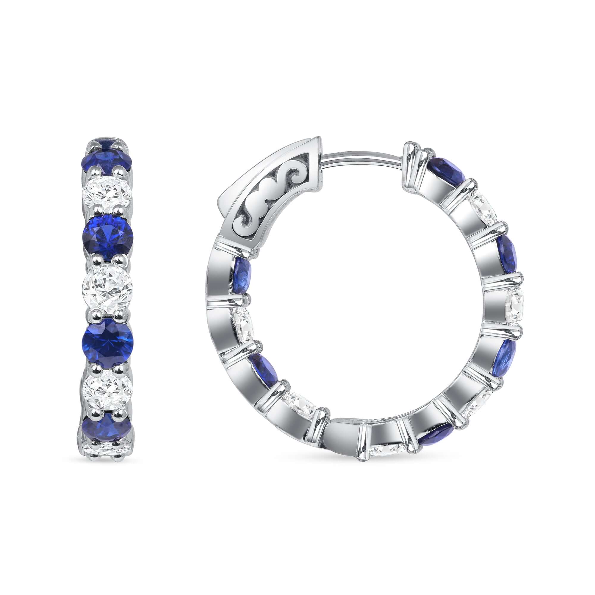 3.9 CT. Alternating Round Brilliant Blue Sapphire and Diamond Hoop Earrings in 14k White Gold - Hoop Earring