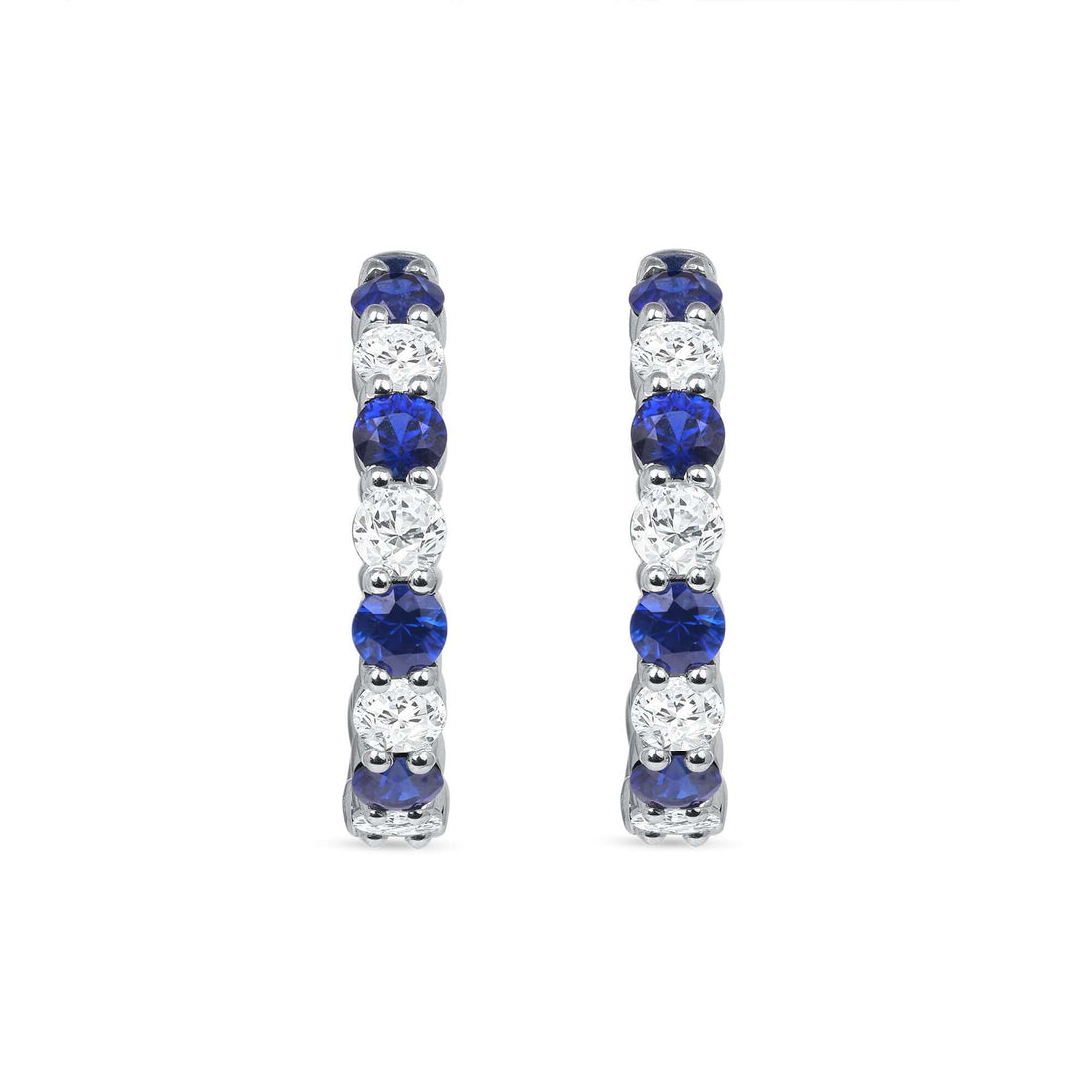 3.9 CT. Alternating Round Brilliant Blue Sapphire and Diamond Hoop Earrings in 14k White Gold - Hoop Earring
