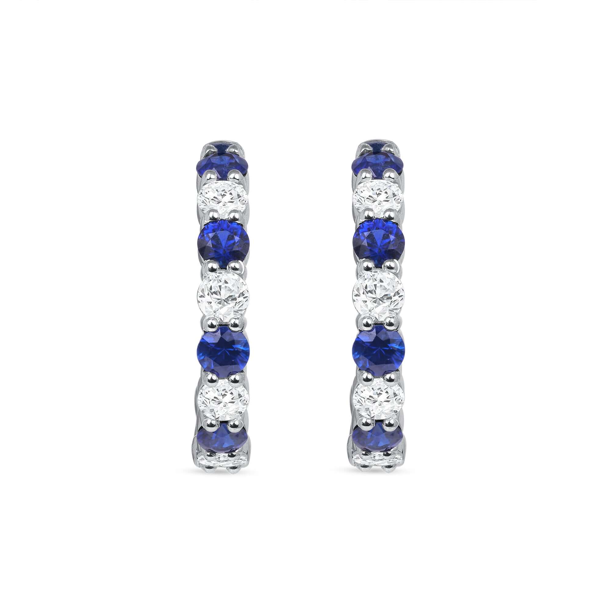 3.9 CT. Alternating Round Brilliant Blue Sapphire and Diamond Hoop Earrings in 14k White Gold - Hoop Earring