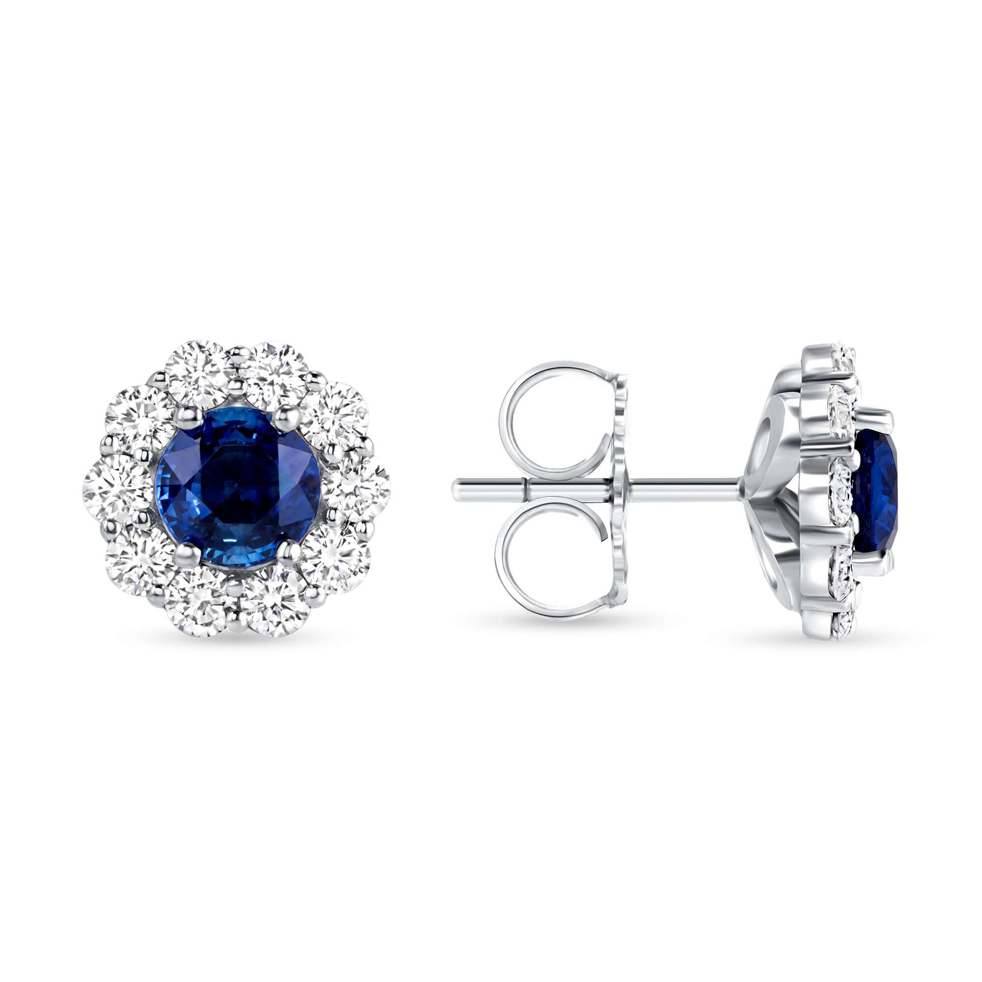 3.78 CT. Sapphire & Round Brilliant Diamond Halo Flower Stud Earrings in 14K White Gold - Stud Earring
