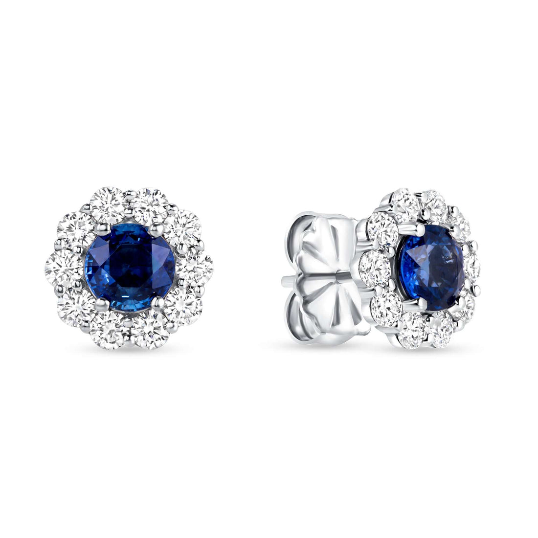 3.78 CT. Sapphire & Round Brilliant Diamond Halo Flower Stud Earrings in 14K White Gold - Stud Earring