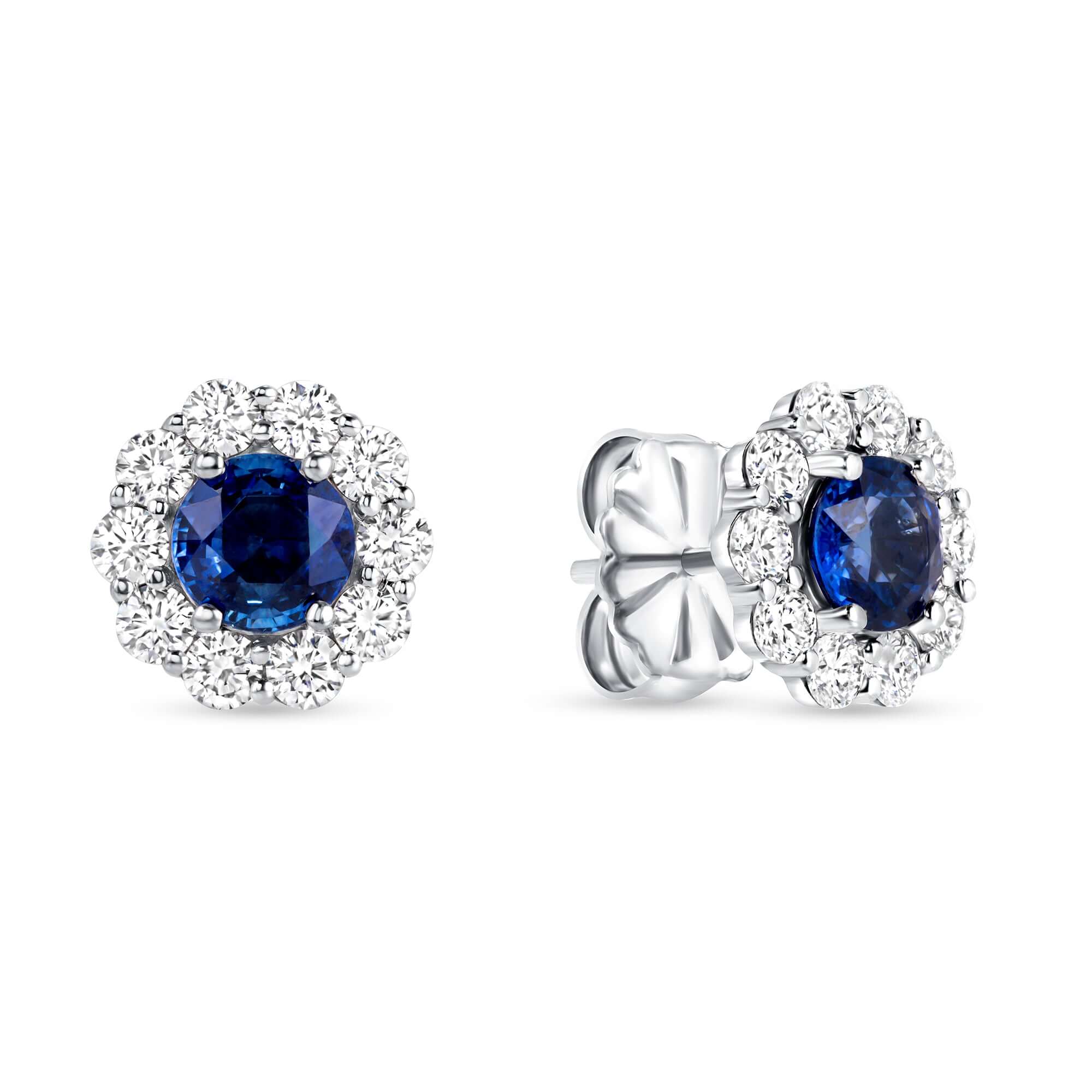3.78 CT. Sapphire & Round Brilliant Diamond Halo Flower Stud Earrings in 14K White Gold - Stud Earring