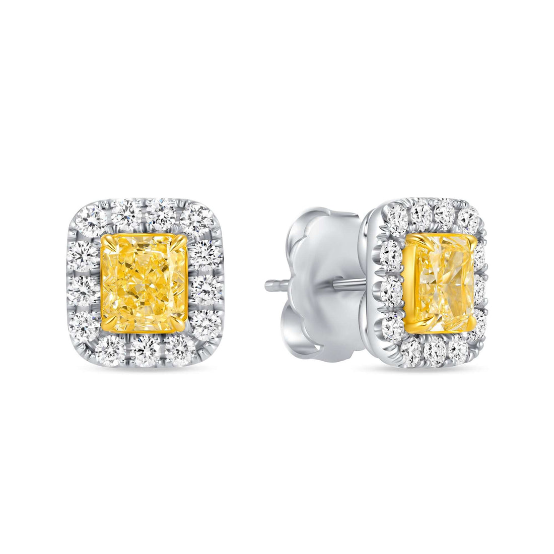 2.67 CT. Fancy Yellow Diamond & Round Brilliant Diamond Halo Stud Earrings in 14K White Gold - Stud Earring