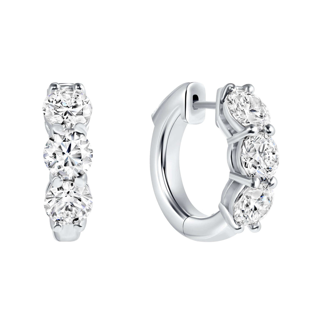 4.26 CT. Round Brilliant Three Stone Diamond Huggie Earrings in 14K White Gold - Huggie Earring
