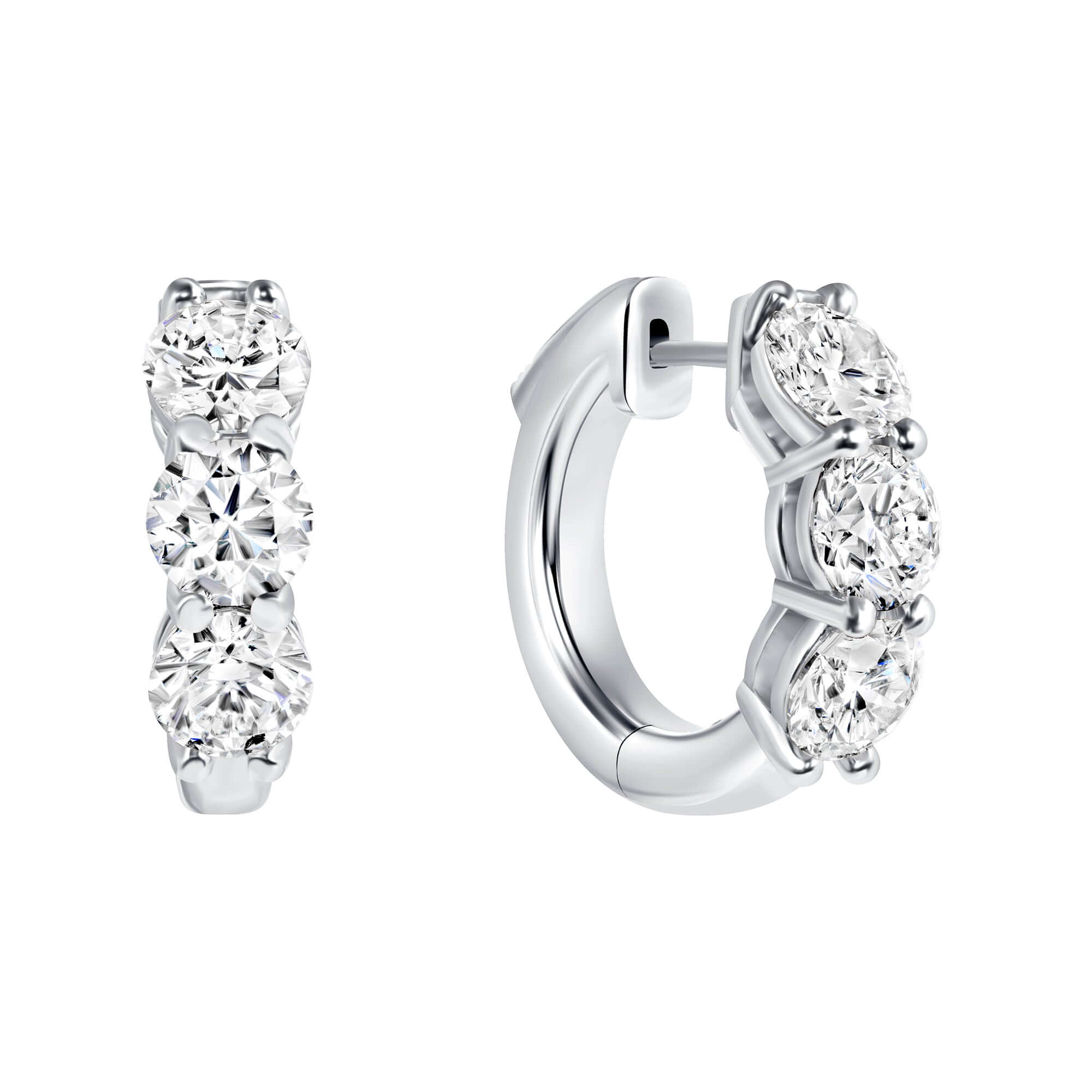 4.26 CT. Round Brilliant Three Stone Diamond Huggie Earrings in 14K White Gold - Huggie Earring