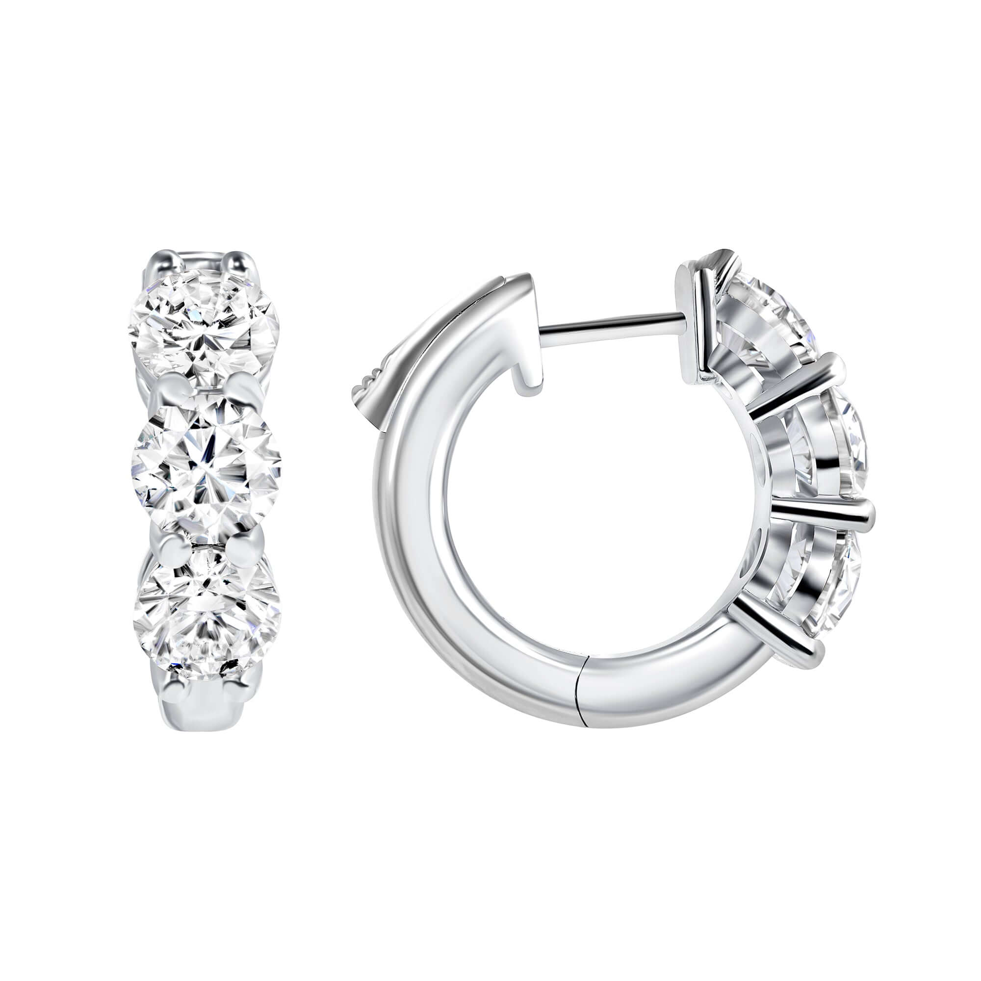 4.26 CT. Round Brilliant Three Stone Diamond Huggie Earrings in 14K White Gold - Huggie Earring