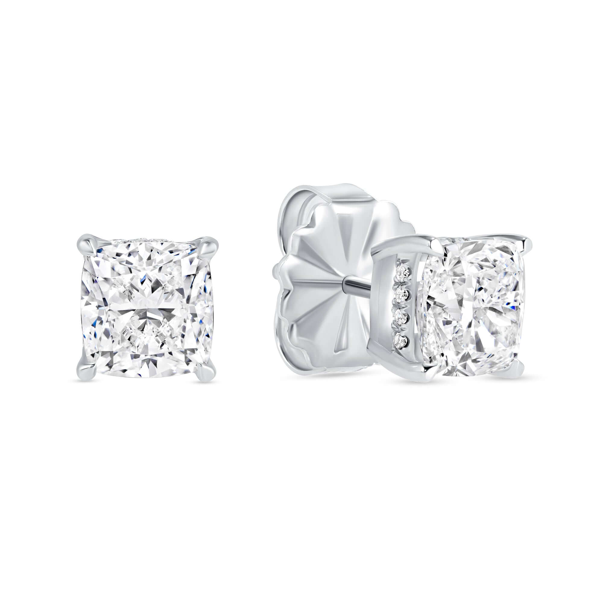 3.42 CT. Cushion Cut Diamond & Round Brilliant Hidden Halo Stud Earrings in Platinum - Stud Earring