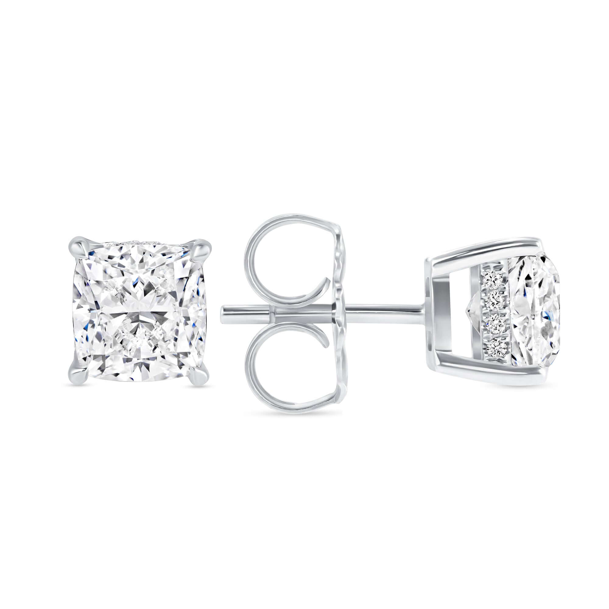 3.42 CT. Cushion Cut Diamond & Round Brilliant Hidden Halo Stud Earrings in Platinum - Stud Earring