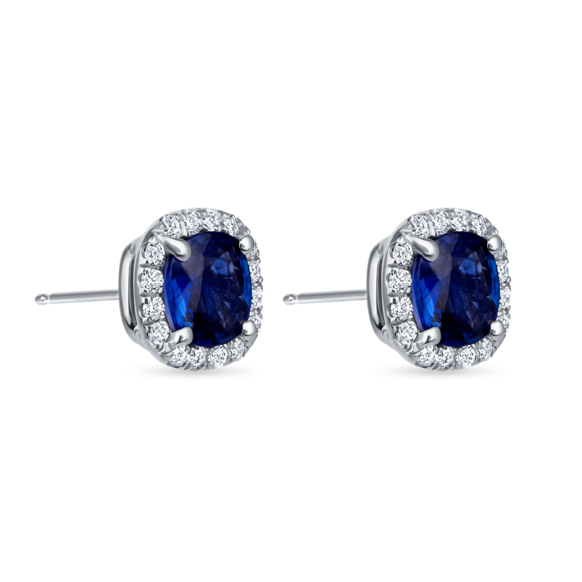 3.58 CT. Sapphire and Diamond Cushion Halo Stud Earrings - Stud Earring