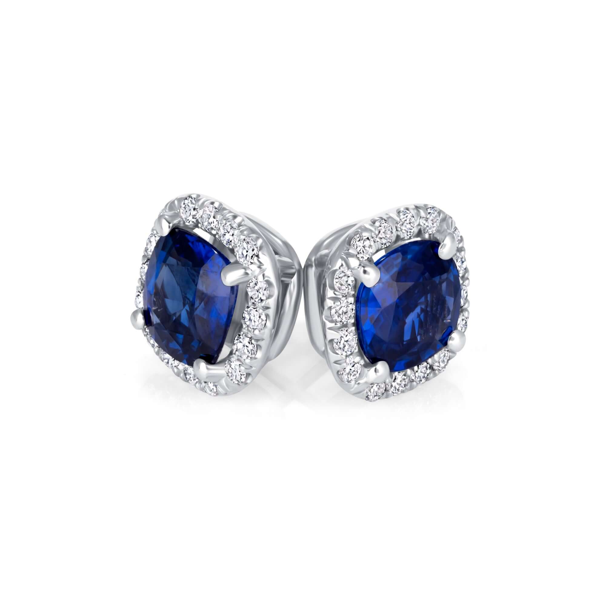 3.58 CT. Sapphire and Diamond Cushion Halo Stud Earrings - Stud Earring