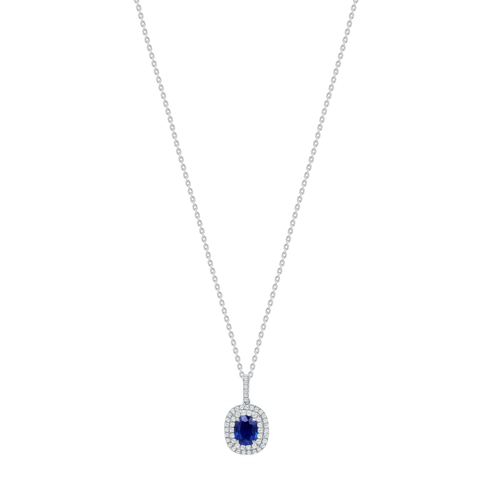 2.34 CT. Oval Cut Blue Sapphire and Round Brilliant Diamond Halo Pendant Necklace in 14k White Gold - Pendant Necklace