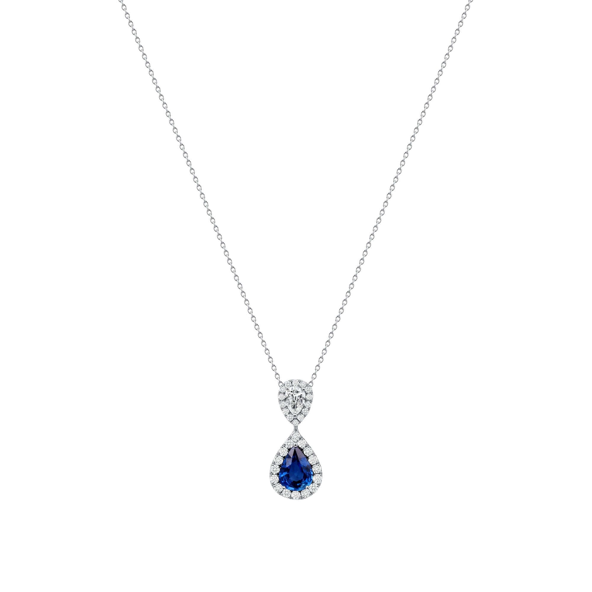 2.94 CT. Pear Cut Blue Sapphire and Diamond Pendant Necklace in 14K White Gold - Pendant Necklace